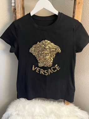 Versace Black T‑Shirt with Gold Sequin Medusa Emblem